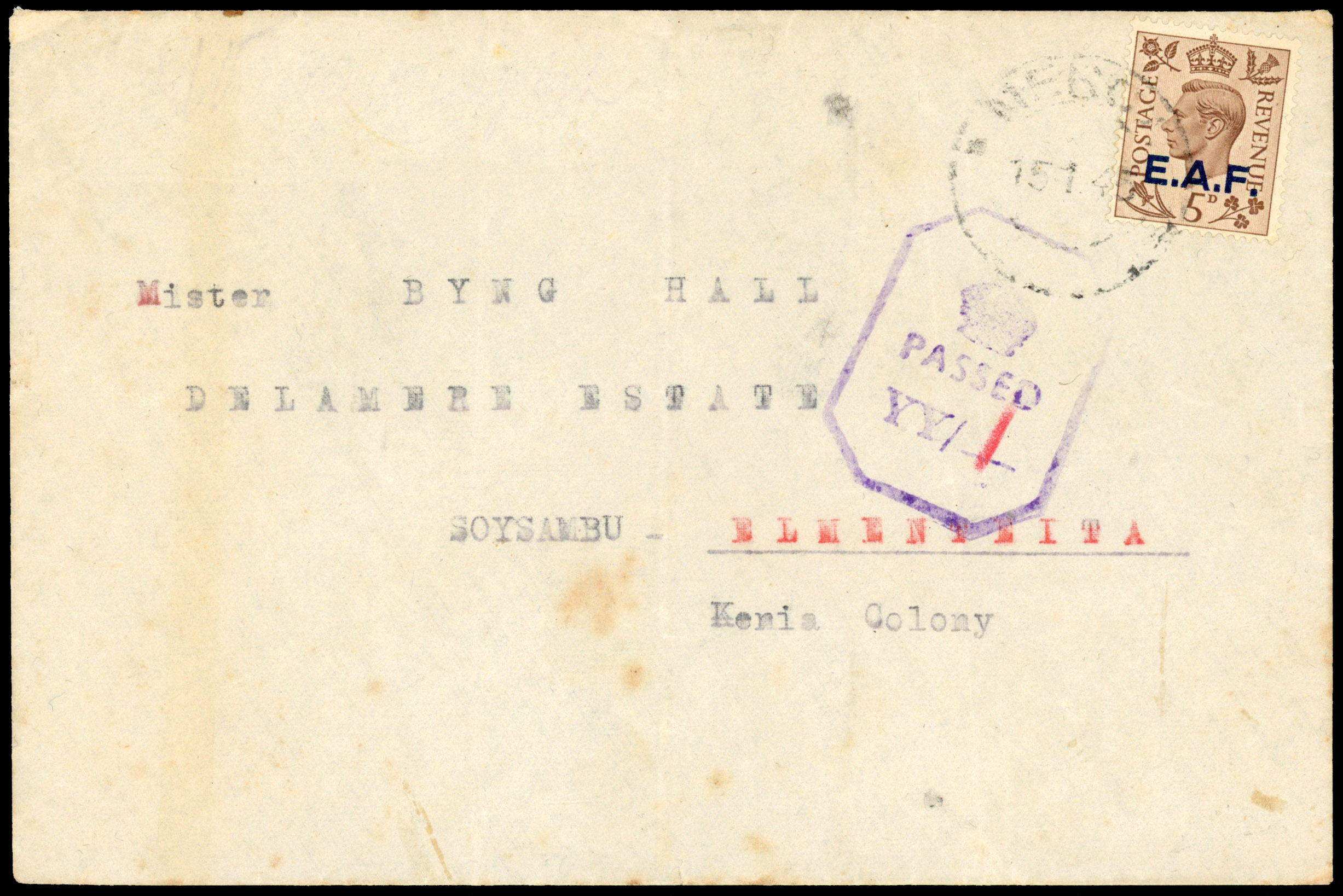 1945 censored cover to Kenya franked 5d tied scarce ‘MEREA/15 1 45’ cds, violet crown ‘PASSED /YY'