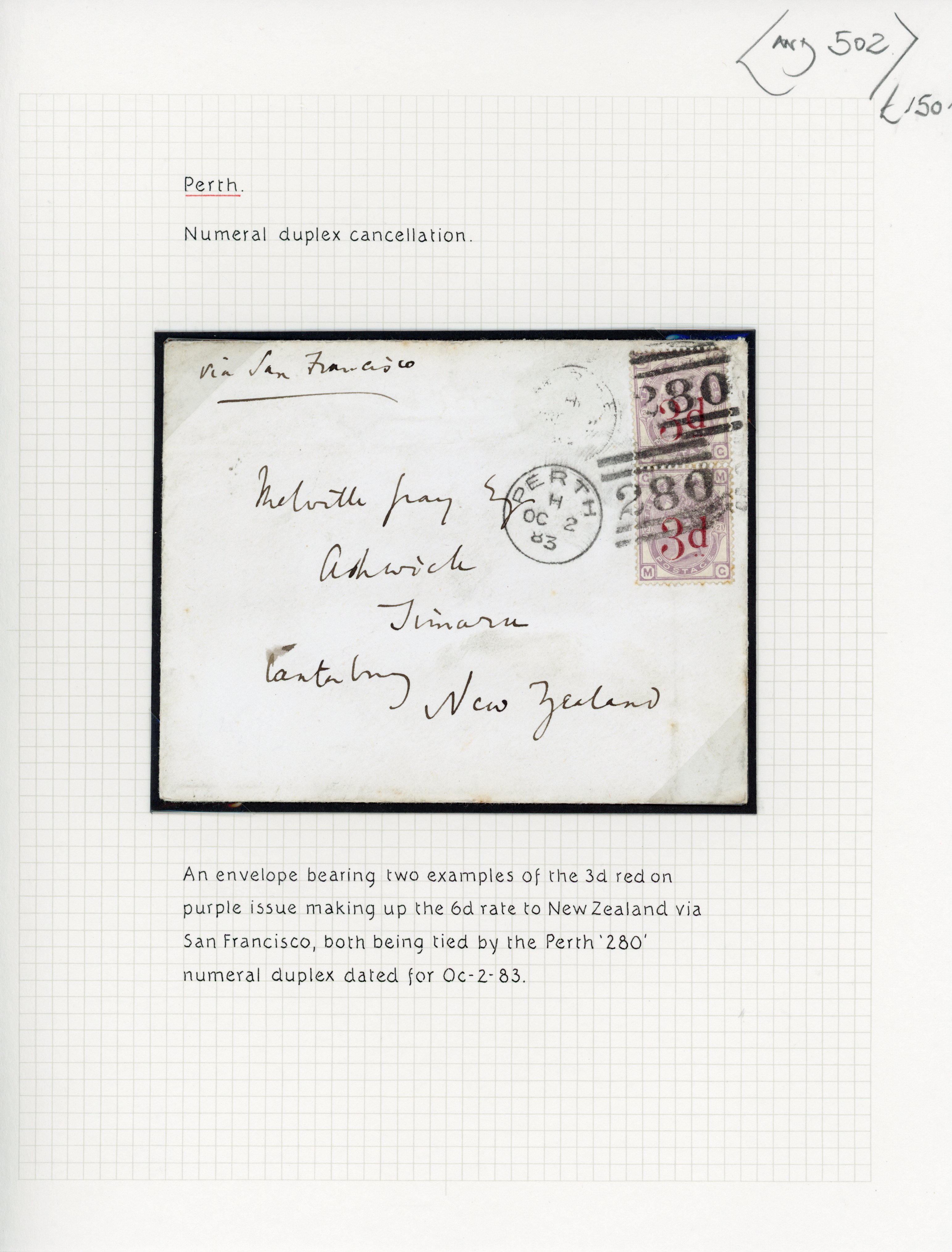 GB 1883 (OC 2) cover with 3d on 3d pair to New Zealand