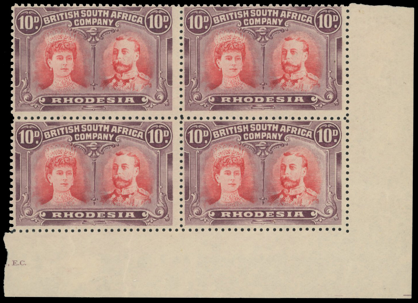 10d scarlet and reddish mauve corner block of four SG 149, positions 44-50 mint