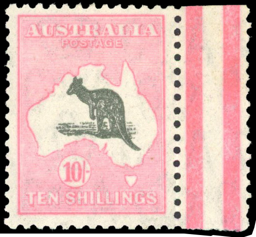 1931-36 10s grey and pink, right interpanneau marginal with fresh large part og