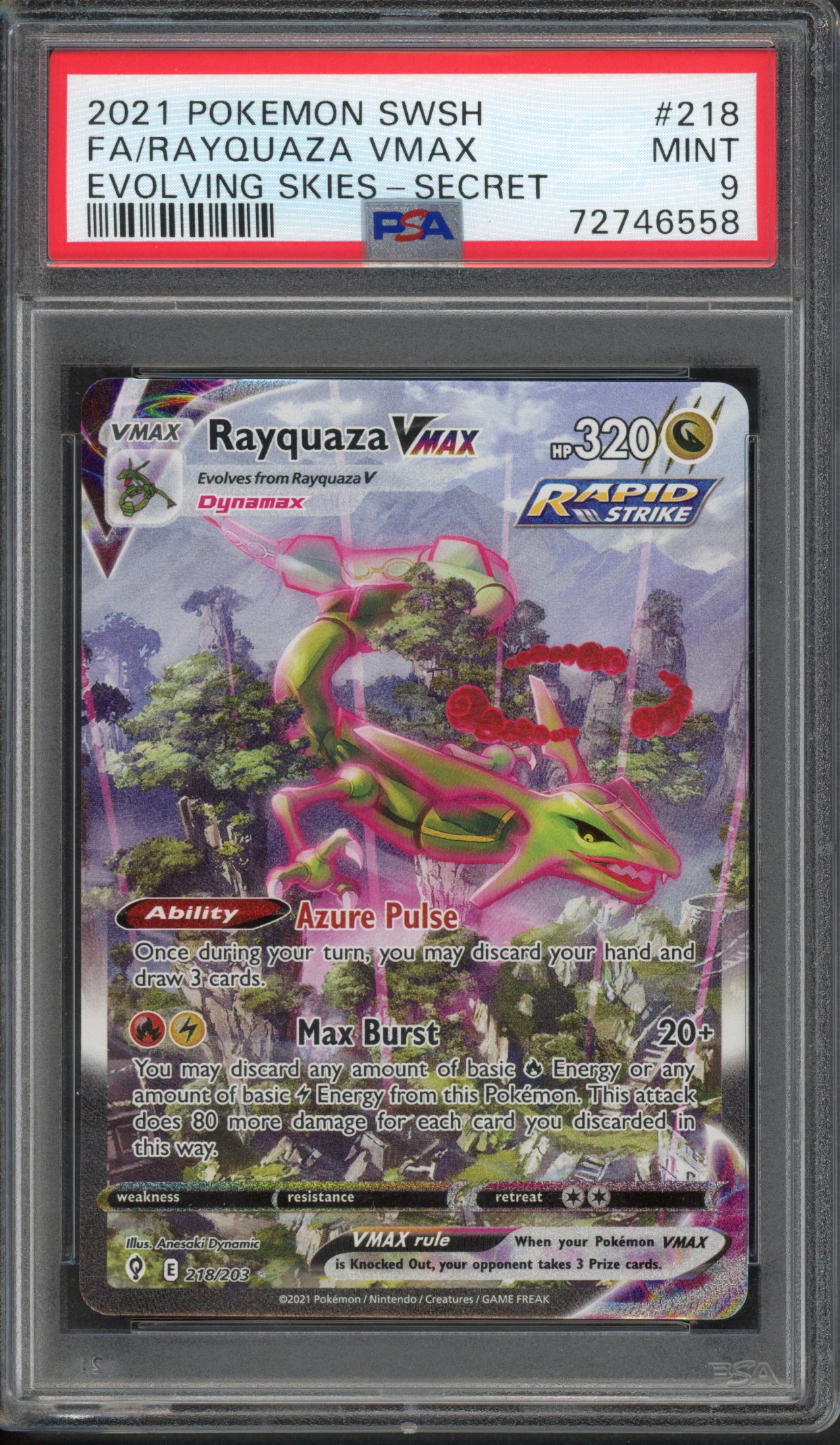 Pokémon TCG - PSA 9 Rayquaza VMAX Full Art #218 - Evolving Skies