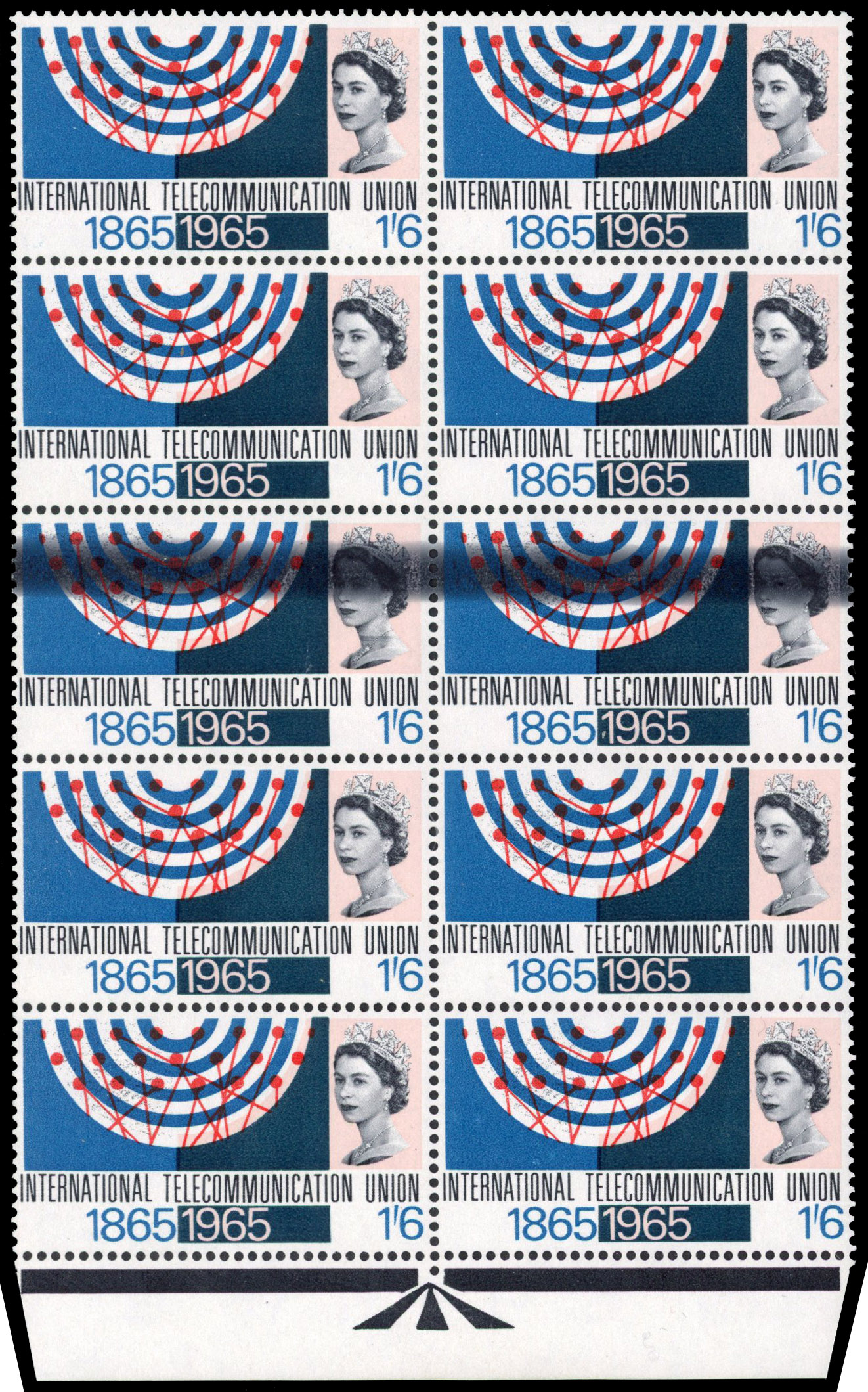 GB: 1965 1s6d ITU Centenary ordinary bottom marginal block of 10 (2x5) with pronounced doctor blade flaw in black across