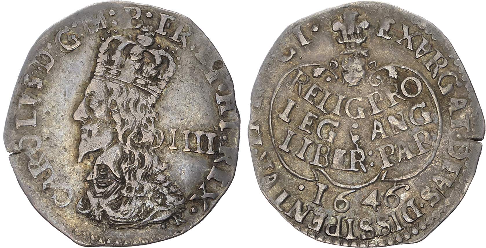 Charles I (1625-1649) Groat, Oxford mint, 1646/5, no mintmark. Rawlins’ bust, signed R below. Rev, declaration within ca…