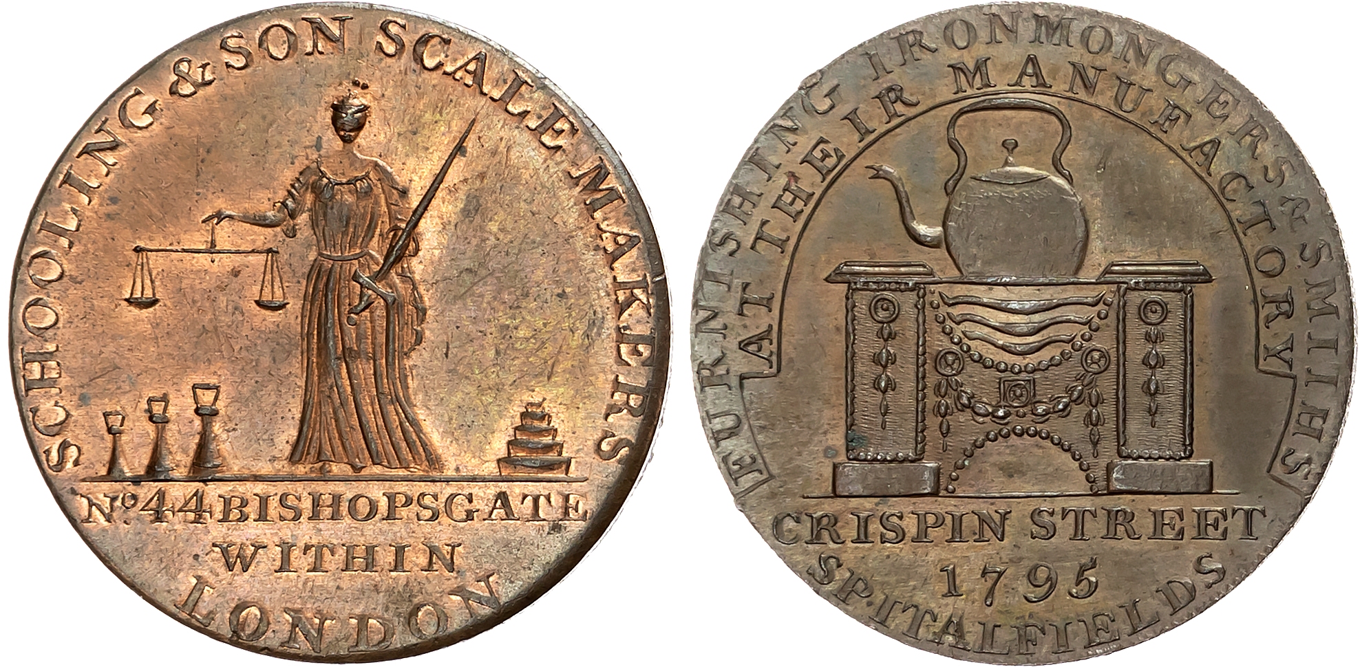 London, Bishopsgate, James Schooling & Son (ironmonger & scales maker) Halfpenny 1795, Justice holding scales, rev. Kett …