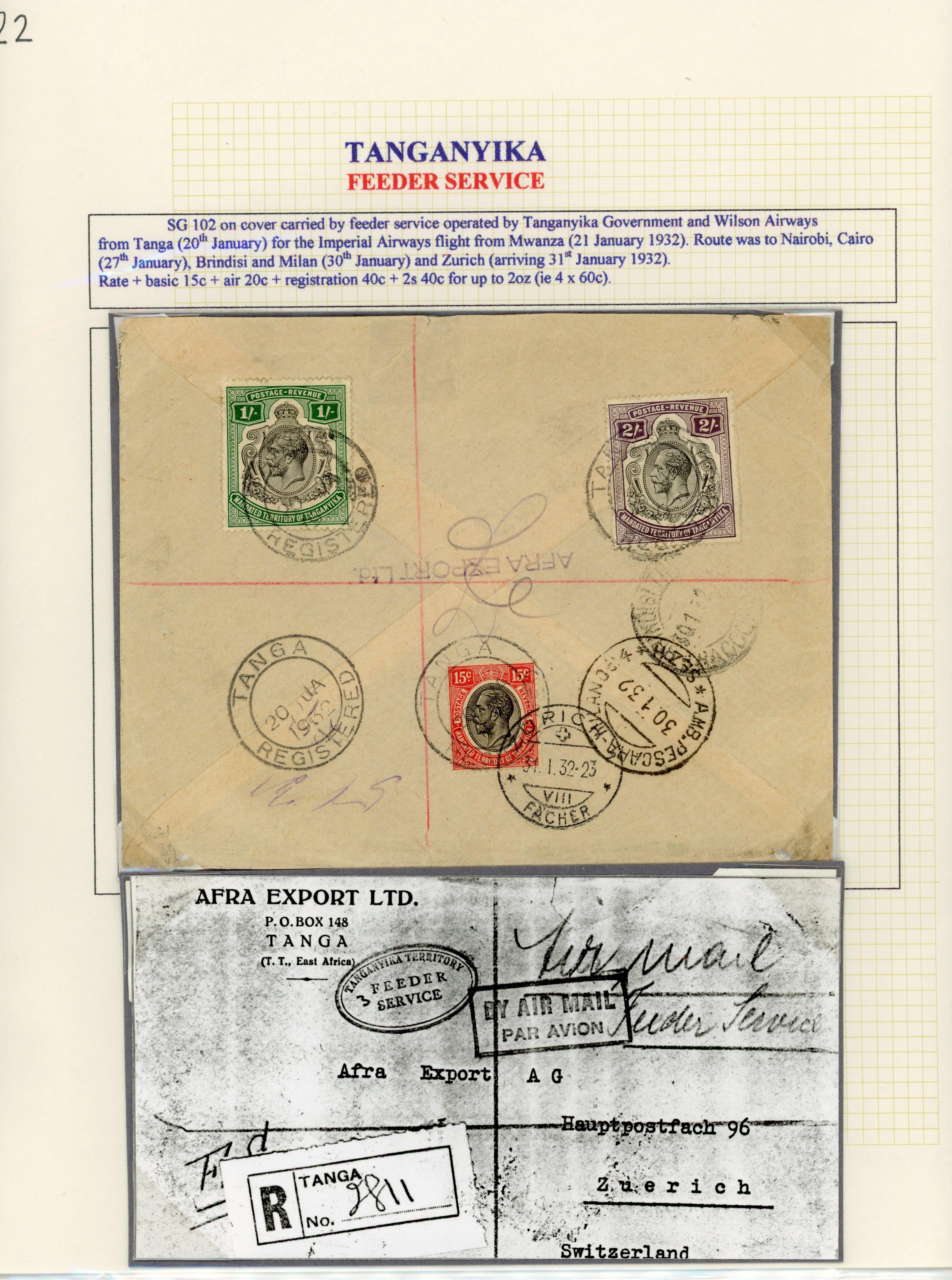 Tanganyika: 1932 registered air mail cover to Switzerland
