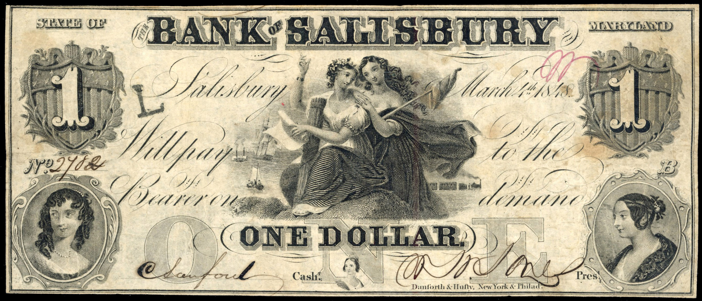 USA, MD. Salisbury, Bank of Salisbury, Uniface One Dollar, 4 Mar. 1848. One pin hole, otherwise about Very Fin…