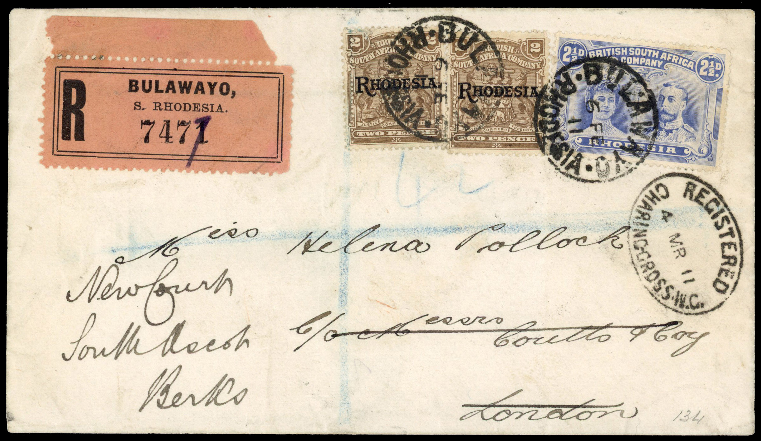 Rhodesia 1911 registered cover from Bulawayo to England