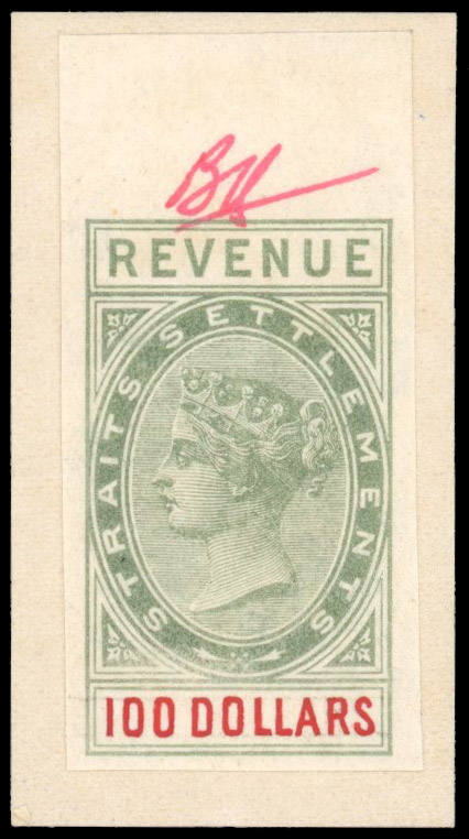 Straits Revenue 1893 $100 Essay with hand-painted value in red