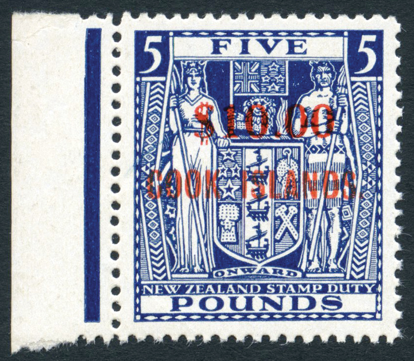 1967 $10 on £5 blue with watermark upright, u/m, a nicely centered marginal example. SG 221, cat...