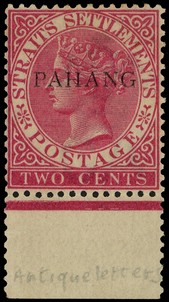 1889 Straits 2ct bright rose, large part slightly toned o.g., lower marginal with PAHANG in antique letters.  BPA...
