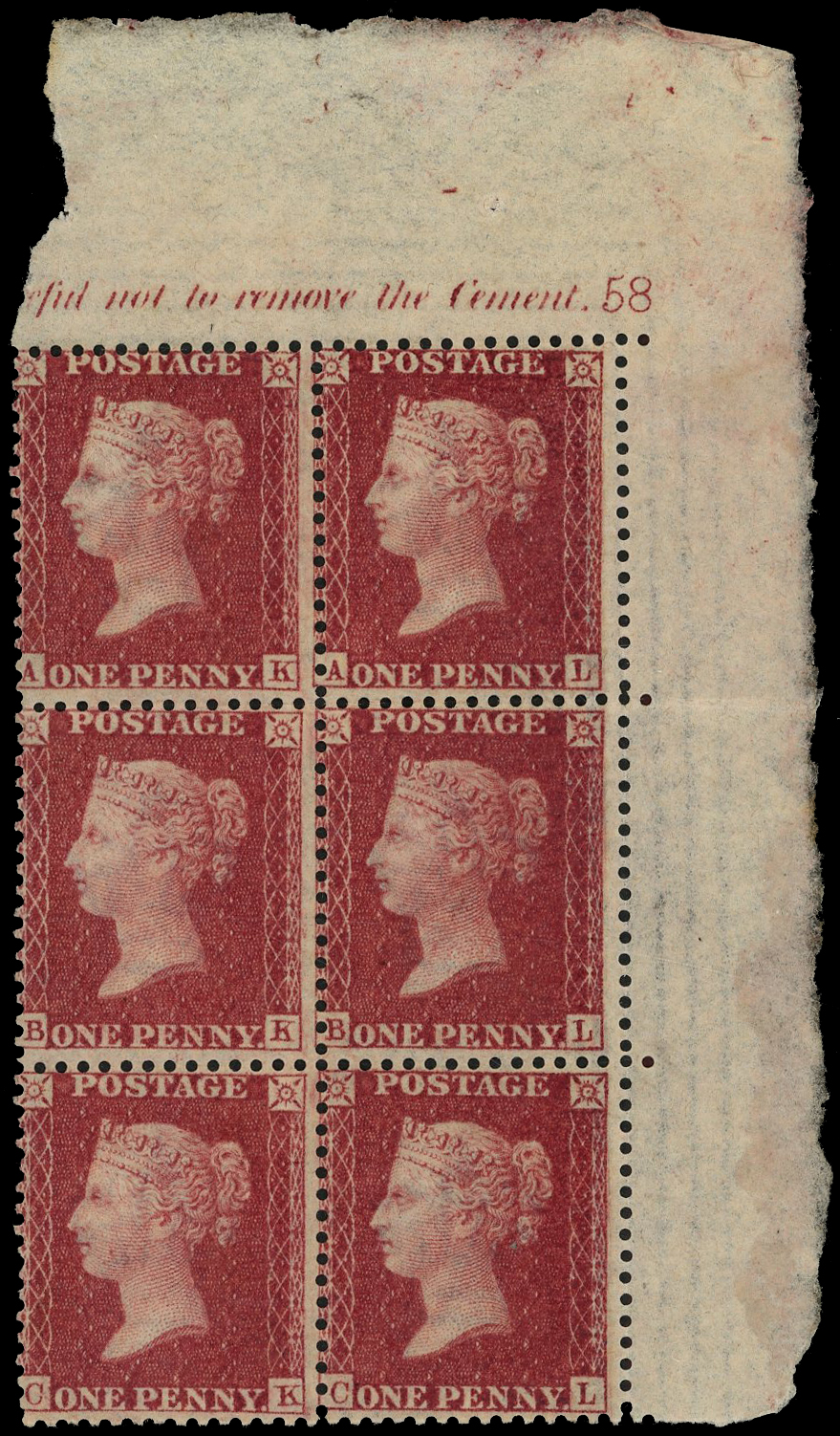 1856-58 Large Crown, perf 14, 1d deep rose-red (AK-CL), top left corner marginal block of six