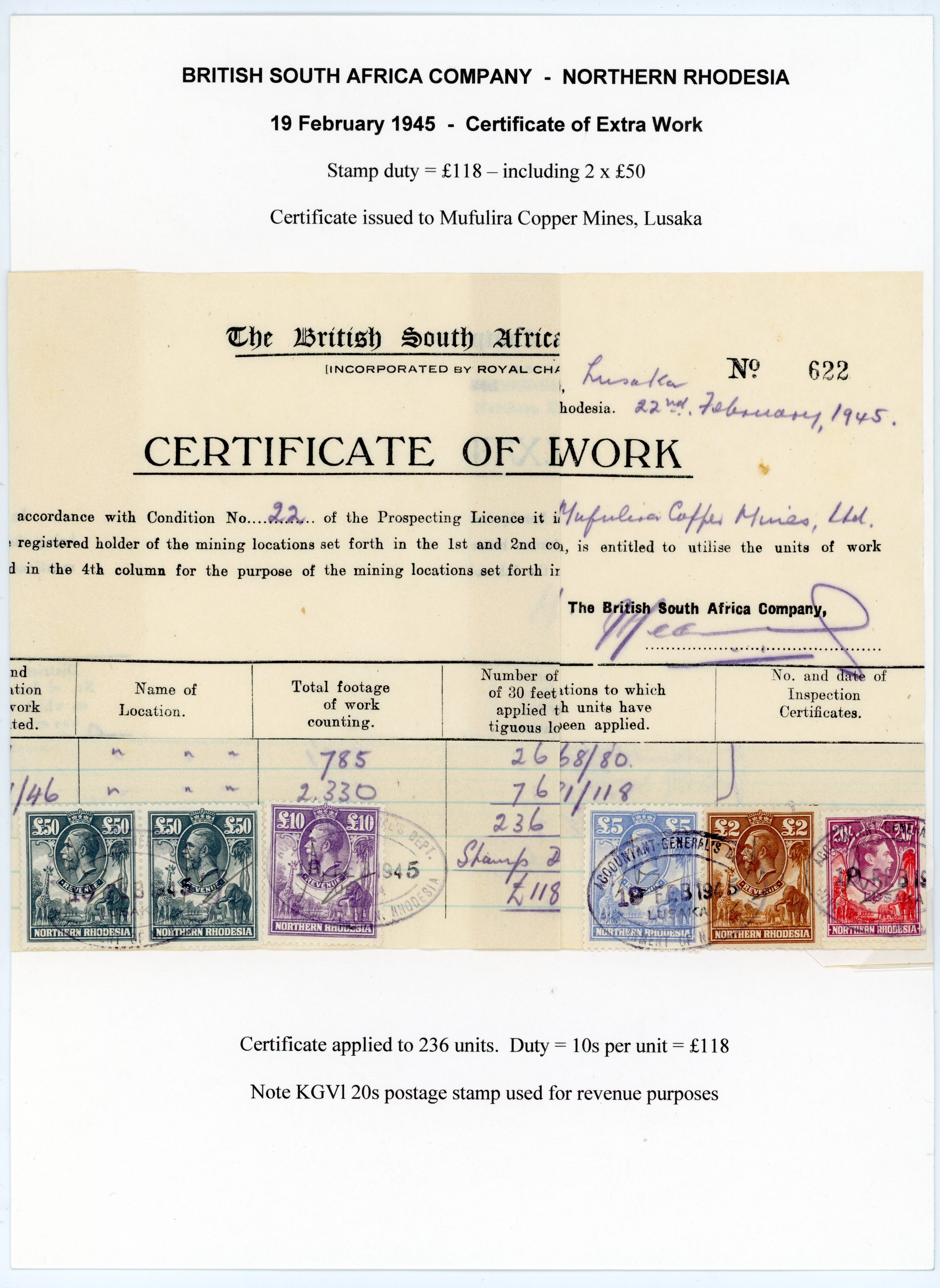 Northern Rhodesia 1945 Certificate of Extra Work