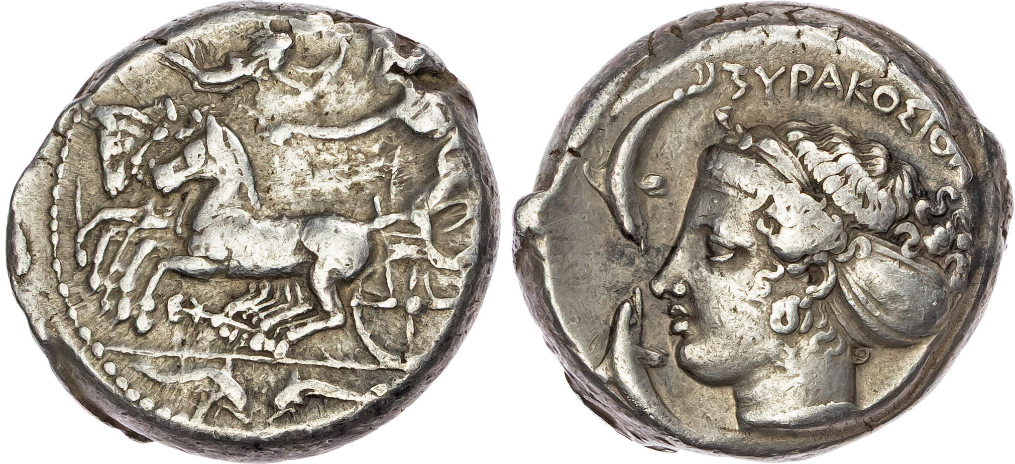 Sicily, Syracuse, Second Democracy (466-405 BC) AR Tetradrachm, obverse and reverse signed by Eumenos,  