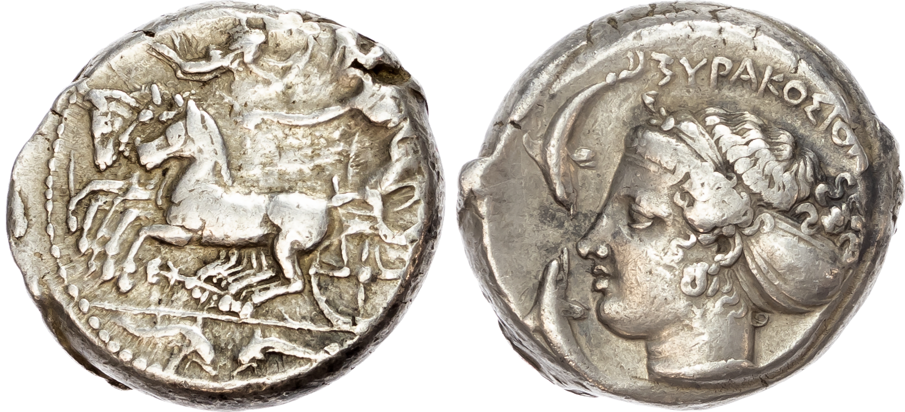 Sicily, Syracuse, Second Democracy (466-405 BC) AR Tetradrachm, obverse and reverse signed by Eumenos,  