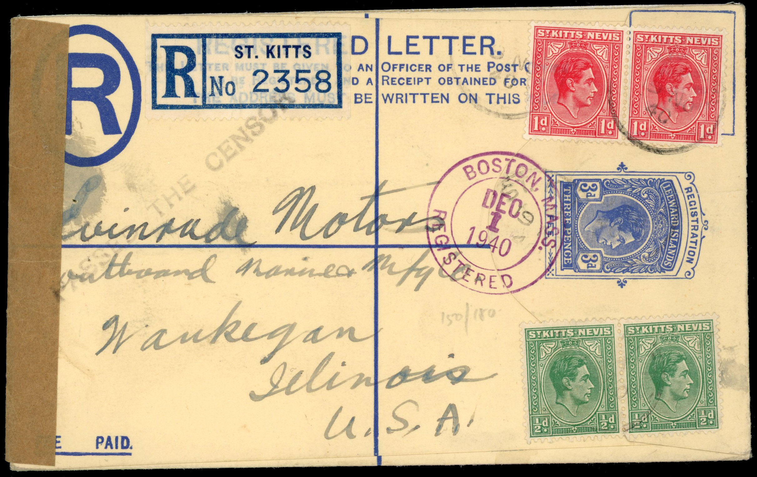 St Kitts-Nevis 1940 Censored postal stationery Leewards envelope