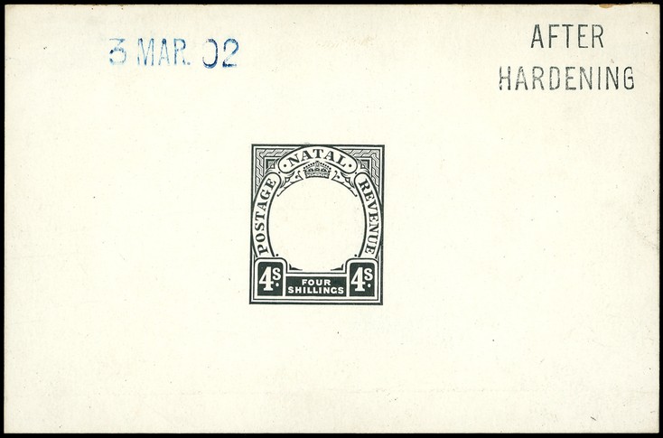 1902 Die Proof of 4/- Duty Plate in black on glazed card 93 x 60mm, dated 3 MAR. 02 in blue and marked AFTER HARDENING. ...