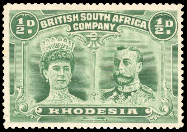 Rhodesia 1910-13 ½d blue-green perf 15