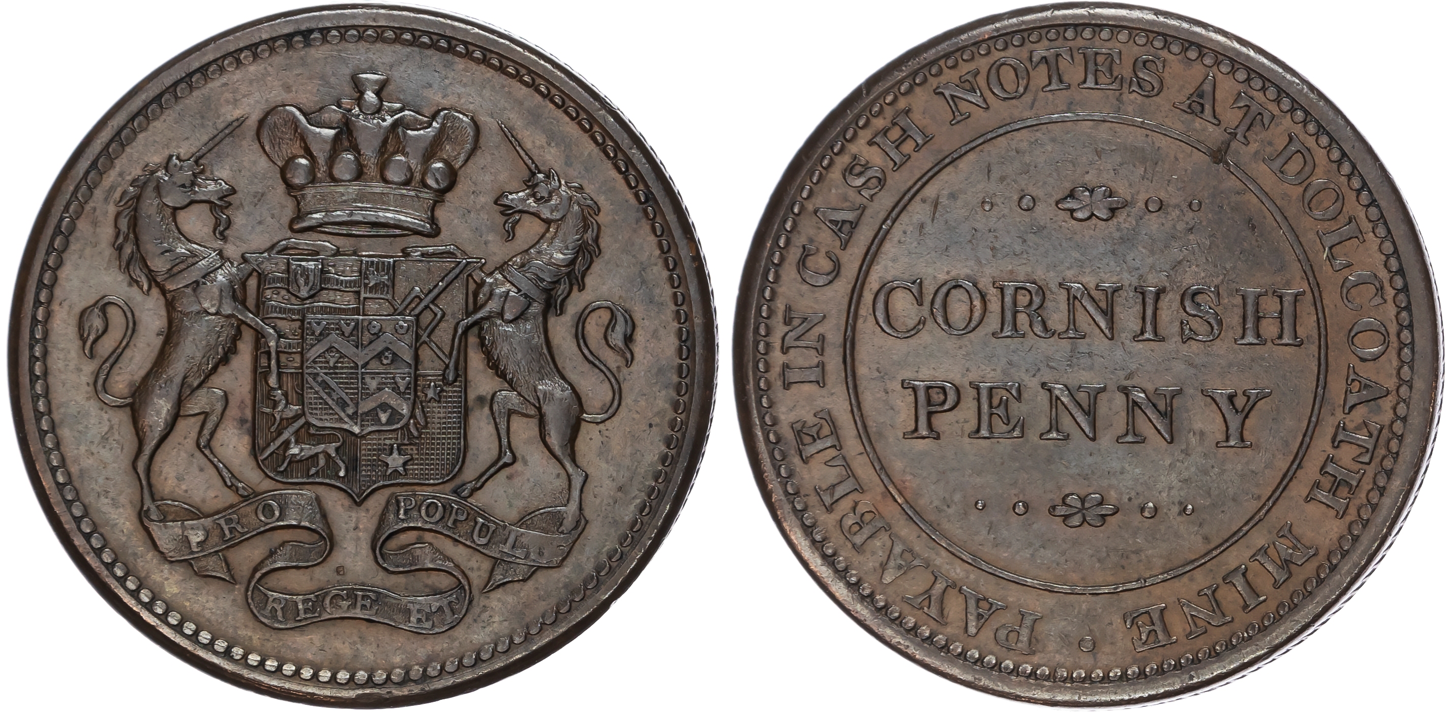 Cornwall, CAMBORNE, Dalcoath Mine, Lord de Dunstanville Penny undated, 2-line legend, rev. Arms and supporters…