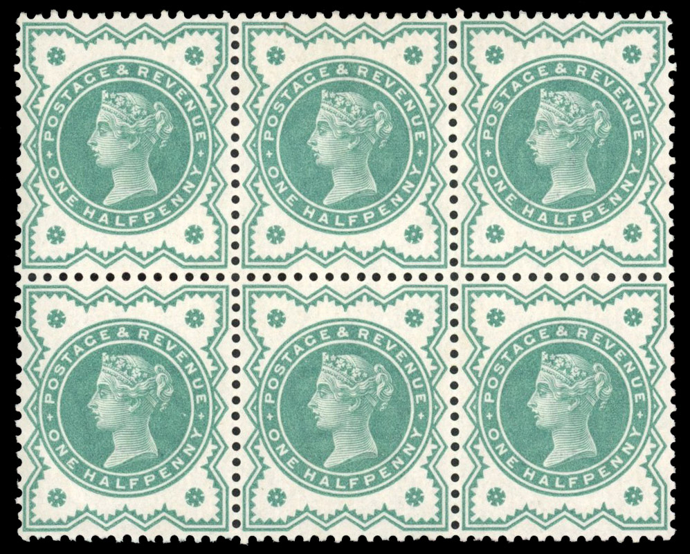 GB: 1900 ½d pale dull blue-green, mint unmounted o.g. block of six in a most unusual pale shade. Fine