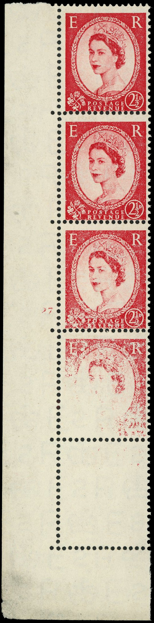 GB: 1955 2½d carmine-red, l/l corner marginal, vertical strip of 5, the lower three showing progressive dry print:
