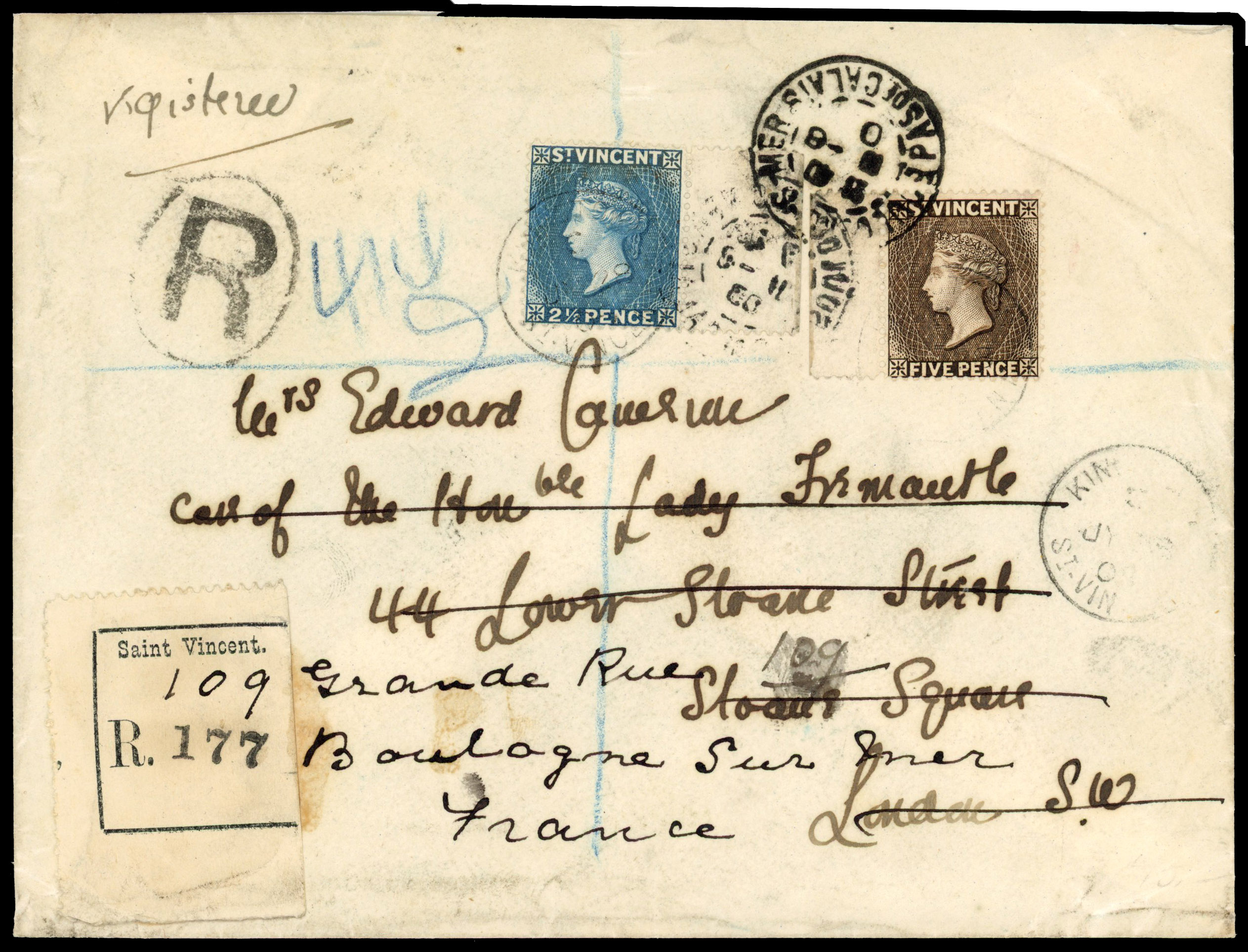 1905 registered cover to England, re-directed to France, franked QV 2½d and 5d tied ‘ ST VINCENT/JY 29 05’ cds,