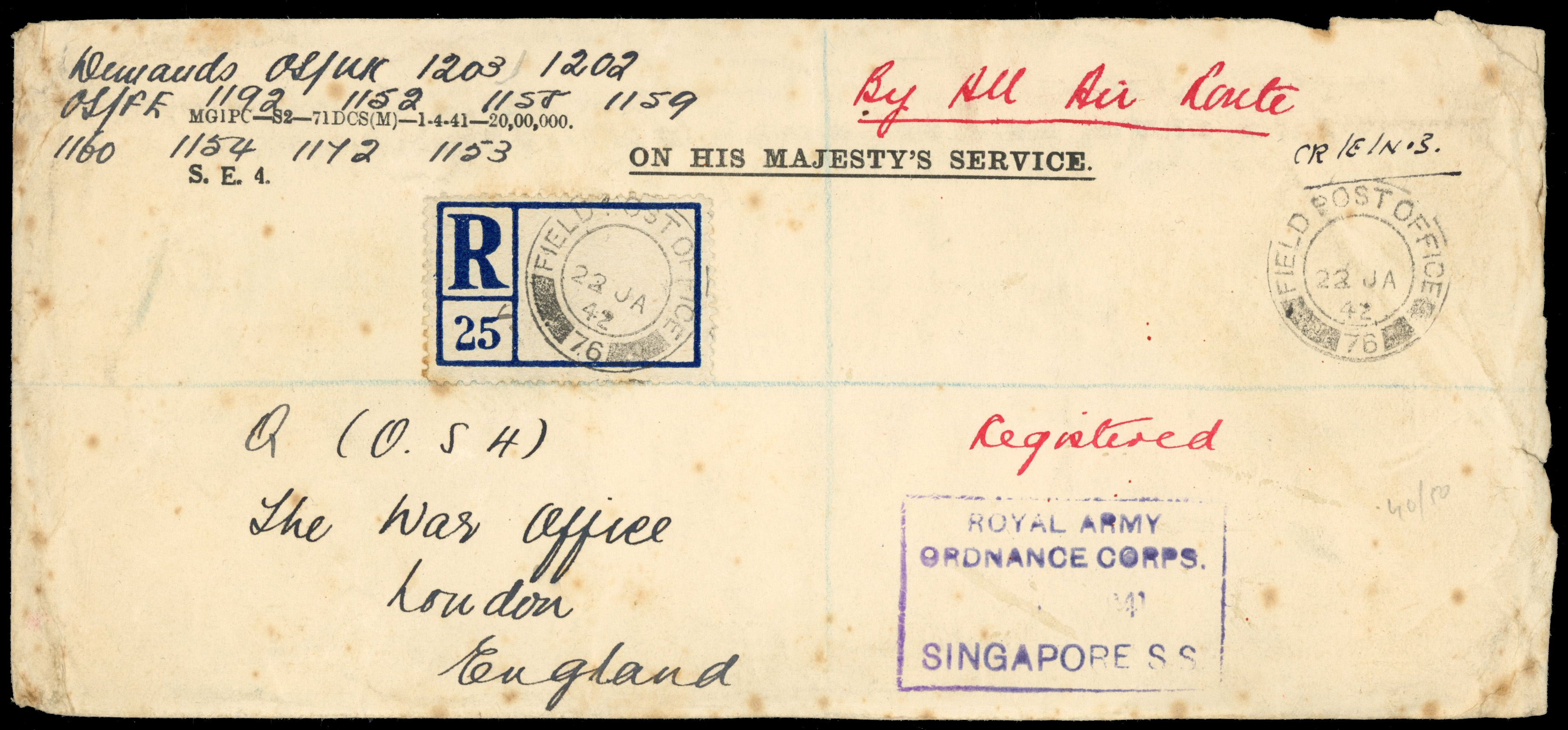 Singapore 1941 RAOC OHMS cover