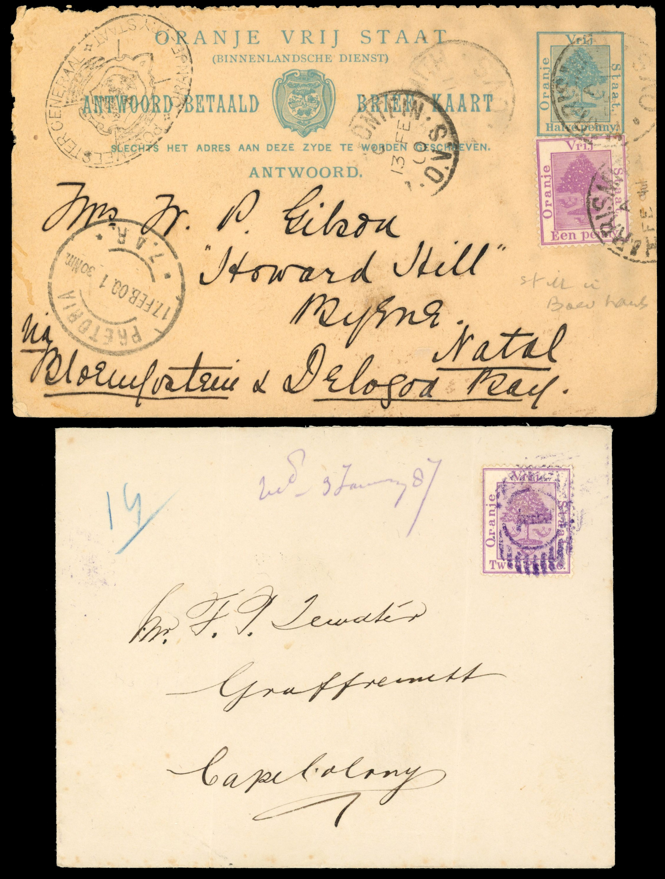 Orange Free State: 1886 cover to Graaff-Reinet, Cape Colony and 1900 ½d postal stationery card to Byrne, Natal