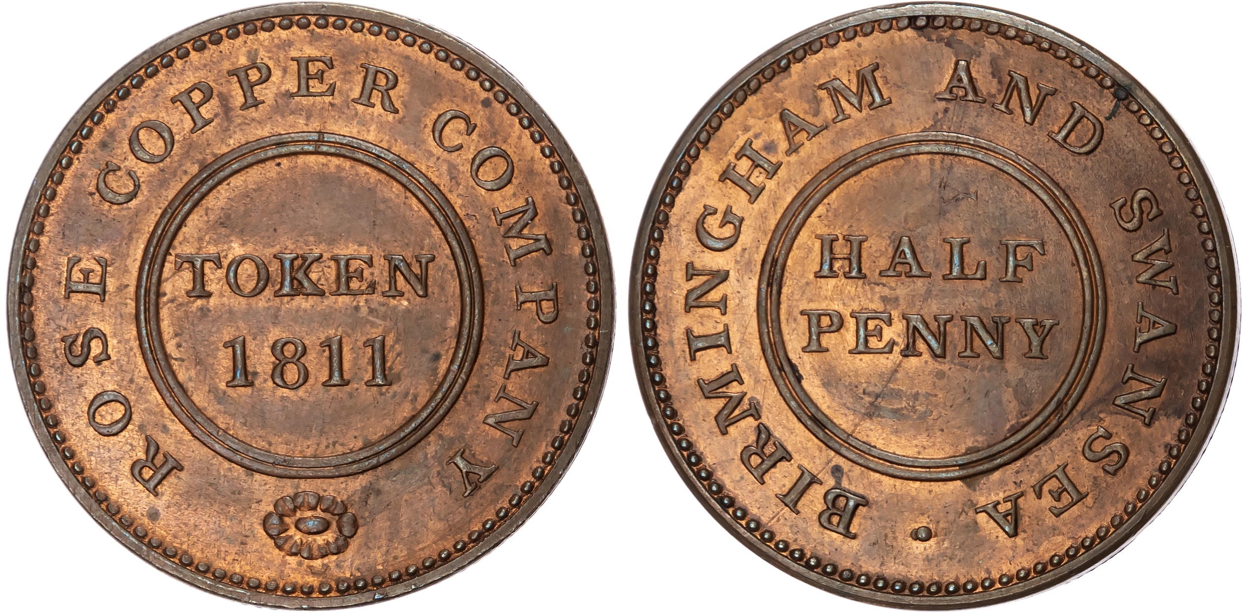 BIRMINGHAM & SWANSEA, Warks. & Glams. Rose Copper Co. Halfpenny 1811, Denom. in circle, rev. Date in circle, e…