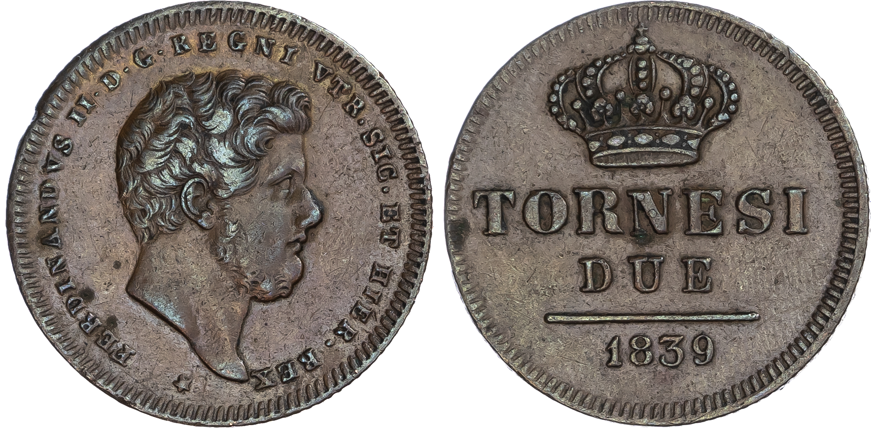 Italian States, Regno delle Due Sicilie (Kingdom of the Two Sicilies). Ferdinando II di Borbone CU 2 Tornesi. 1839.