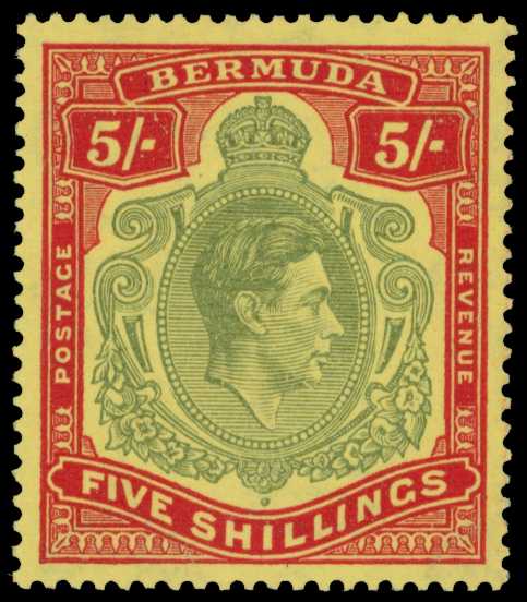 1943 5/- pale bluish green and carmine red...