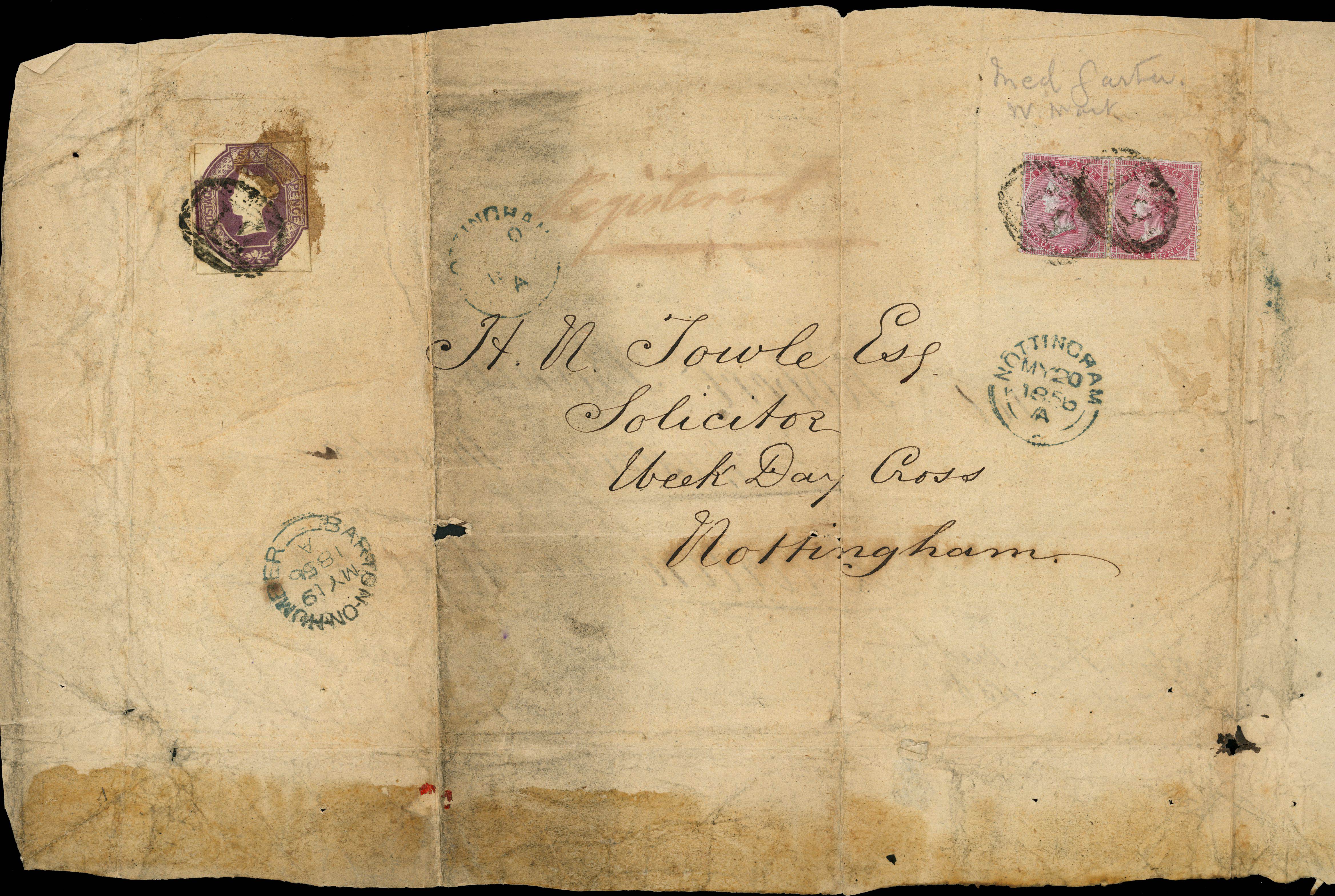 GB 1856 (17 May) large part registered envelope to Barton-on-Humber