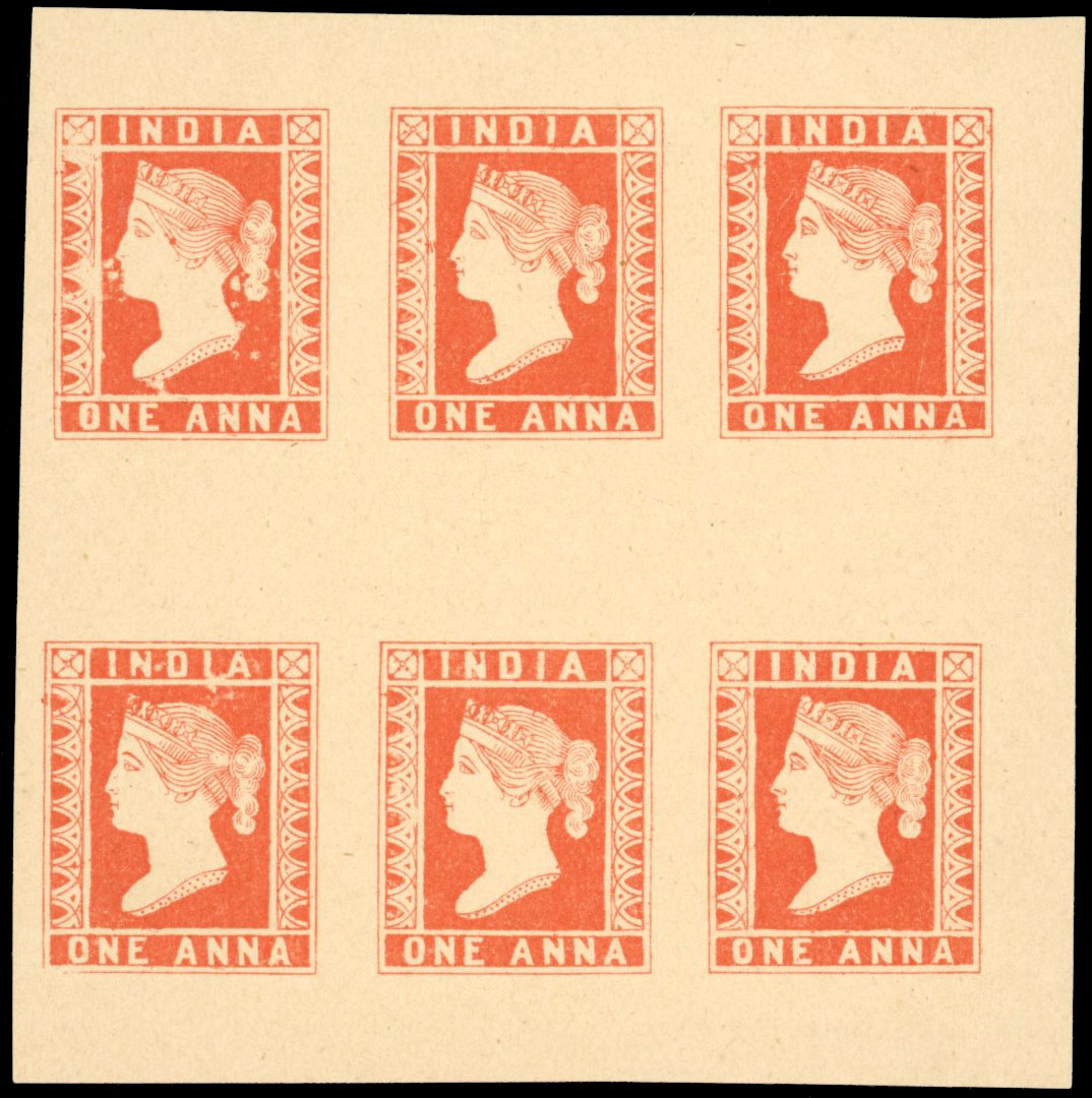 India 1894(?) Design of the Issued Stamps, 1a orange red, block of six with letters of SPECIMEN. Spence 53.
