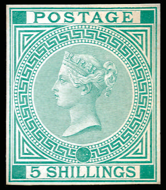 1867 5s Die proof, in green on white glazed card SG126var