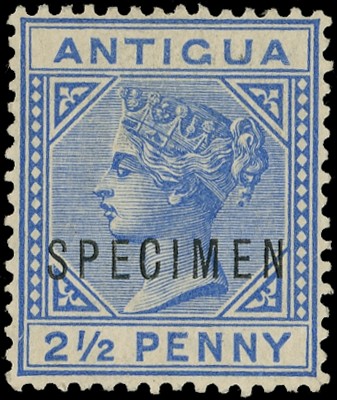 ANTIGUA: 1887 2½d ultramarine overprinted “SPECIMEN” showing plate 2, R.3/3 'top left triangle detached'...
