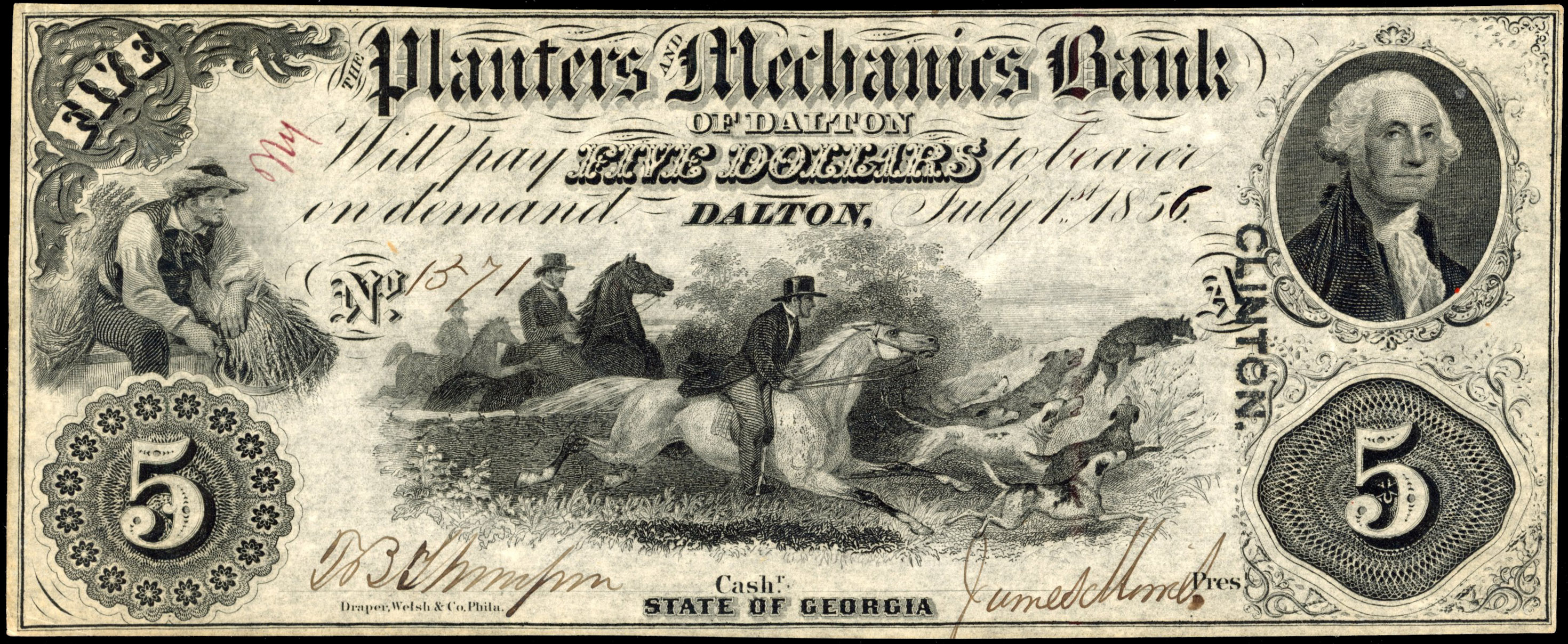 USA, GA Dalton, Planters and Mechanics Bank, Five Dollars 1 July 1856, Fox hunting scene vignette. Extremely F…