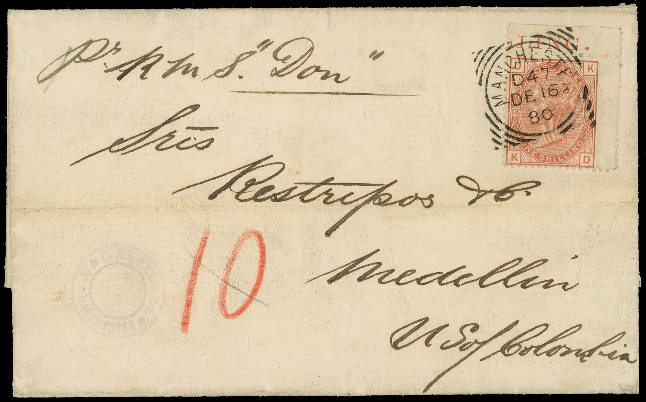 1880 Overseas mail. Very fine entire from Manchester to Medellin, Colombia prepaid by a 1s Orange-brown (Wmk. Spray) tie…