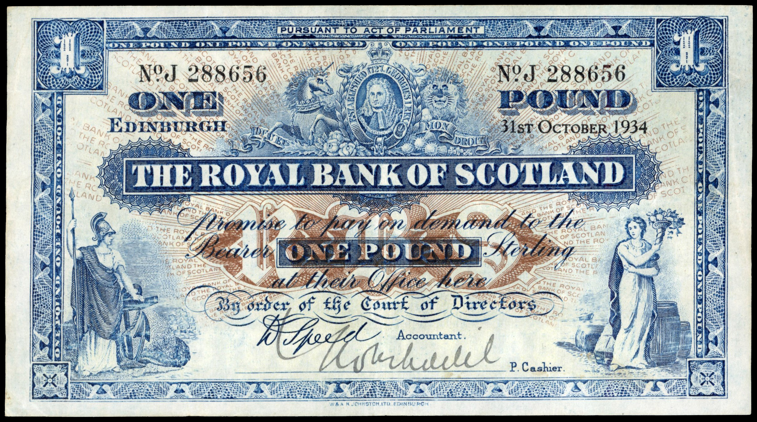 Scotland, The Royal Bank of Scotland, One Pound, 31 Oct. 1934, J 106092, signature of D. Speed, hand-signed by…