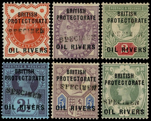 1892-94 Oil Rivers set of six large part o.g., handstamped SPECIMEN Type GB9.  1d with a lightly toned perf, otherwise...