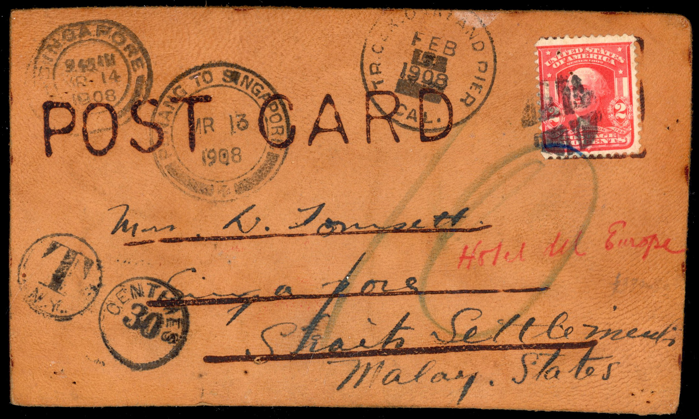Malaya 1908 leather postcard from USA Penang to Singapore marine sorter