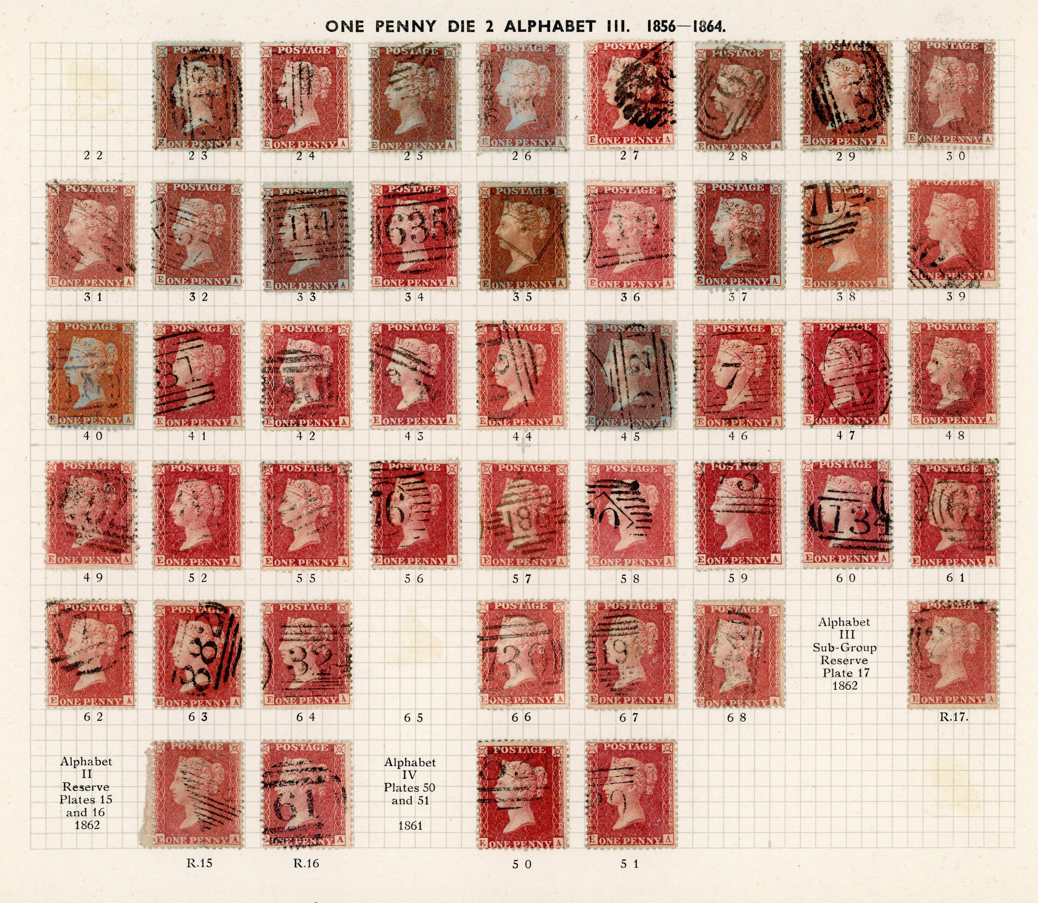 GB 1856-64 1d reds from Plates 22 - R17, the E Row