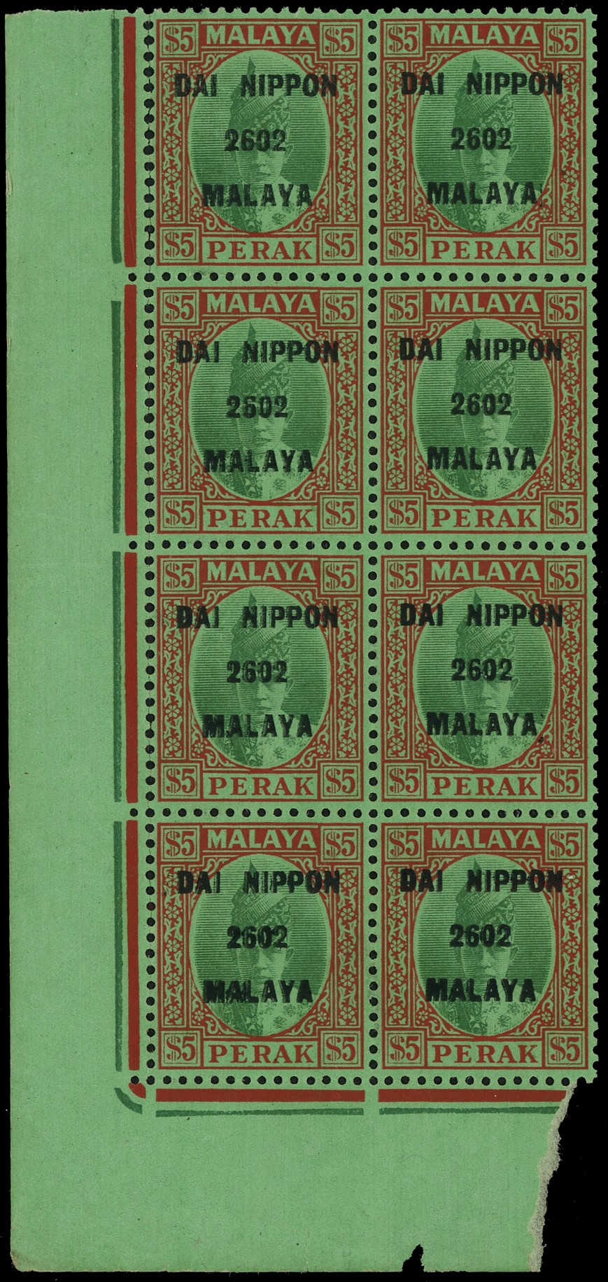 1942 (May) $5 Perak overprinted Type 16 corner block of eight (selvedge faults, including side selvedge splitting...