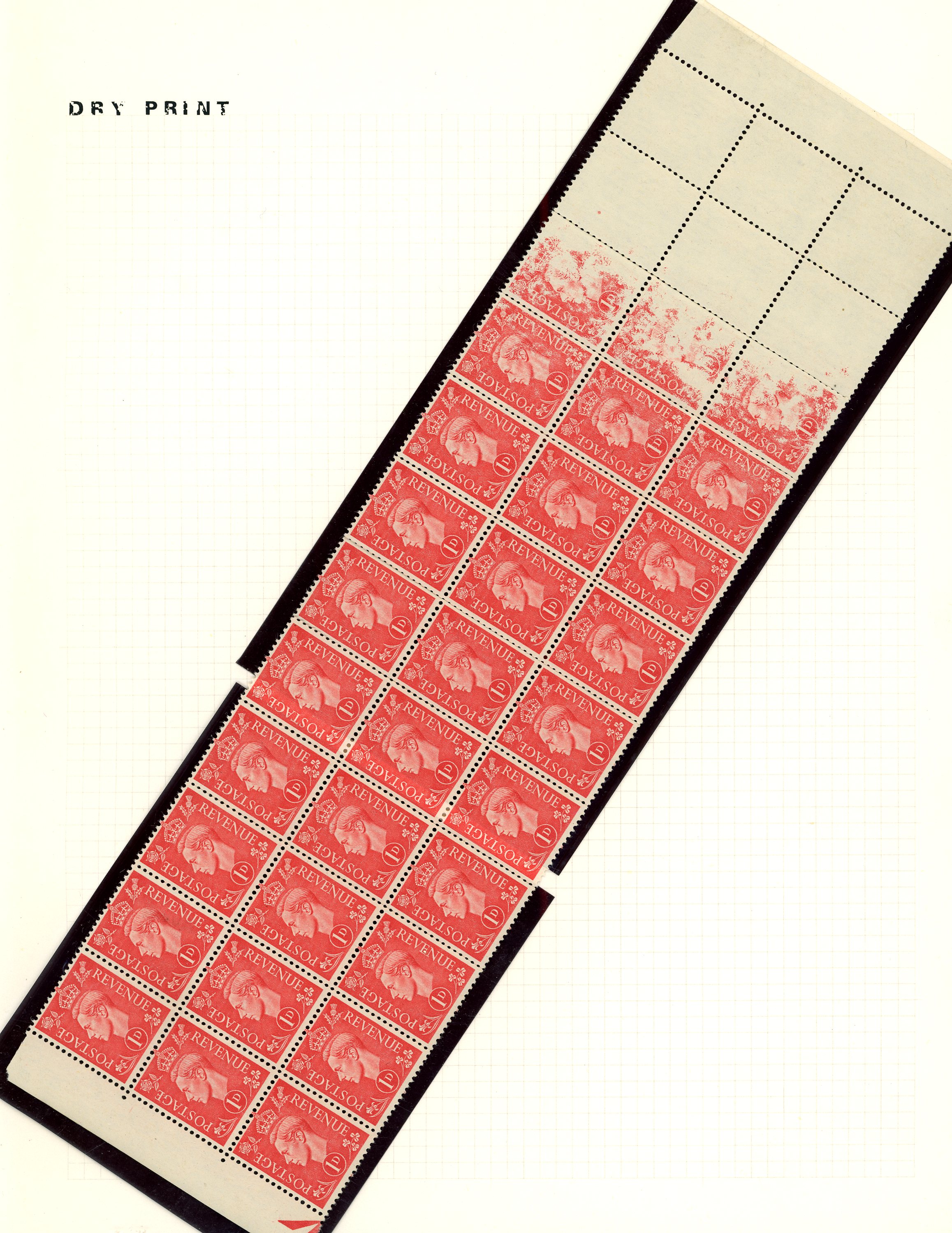 GB: 1941 1d pale scarlet block of 36 (12x3) sheet rows 8, 9 and 10, the r/h nine stamps