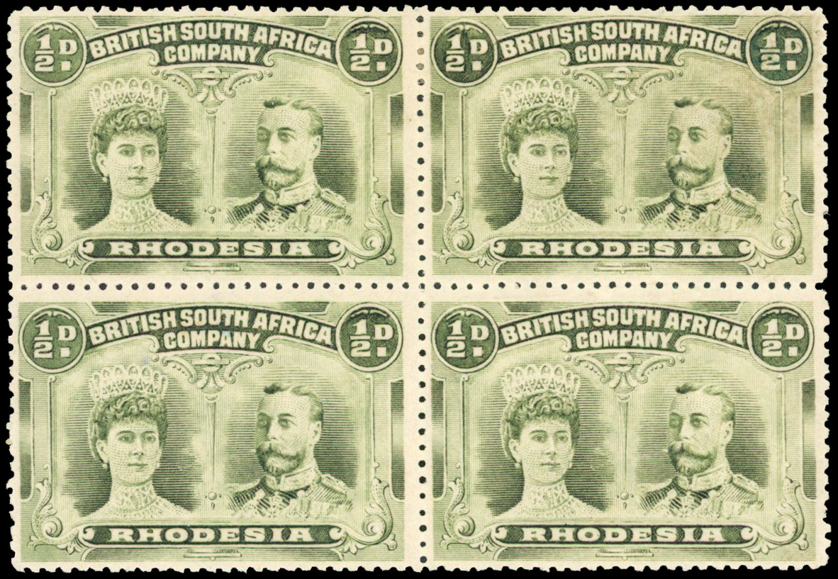 Rhodesia 1910-13 ½d bronze-green perf 14 block of 4 with wedge flaw