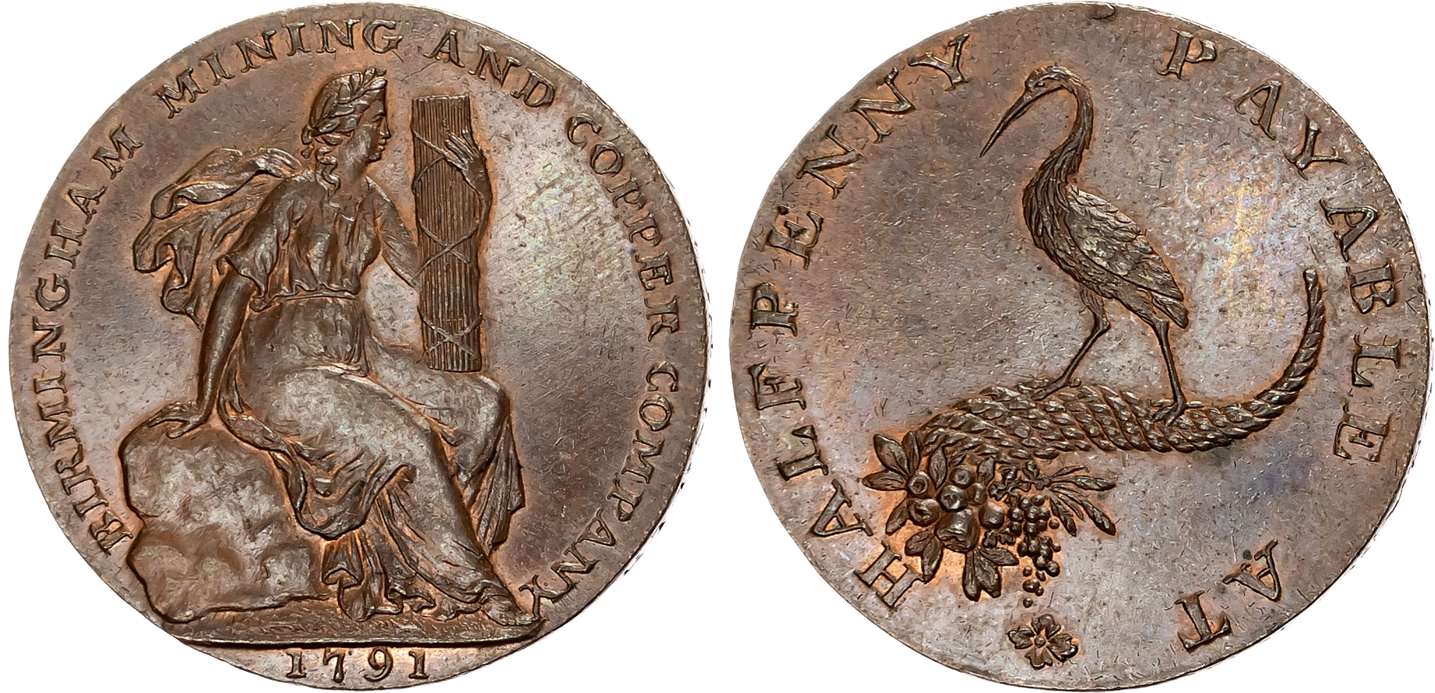 Warks . Birmingham , Birmingham Mining and Copper Company Halfpenny 1791, Commerce seated right holding fasces, rev . St …