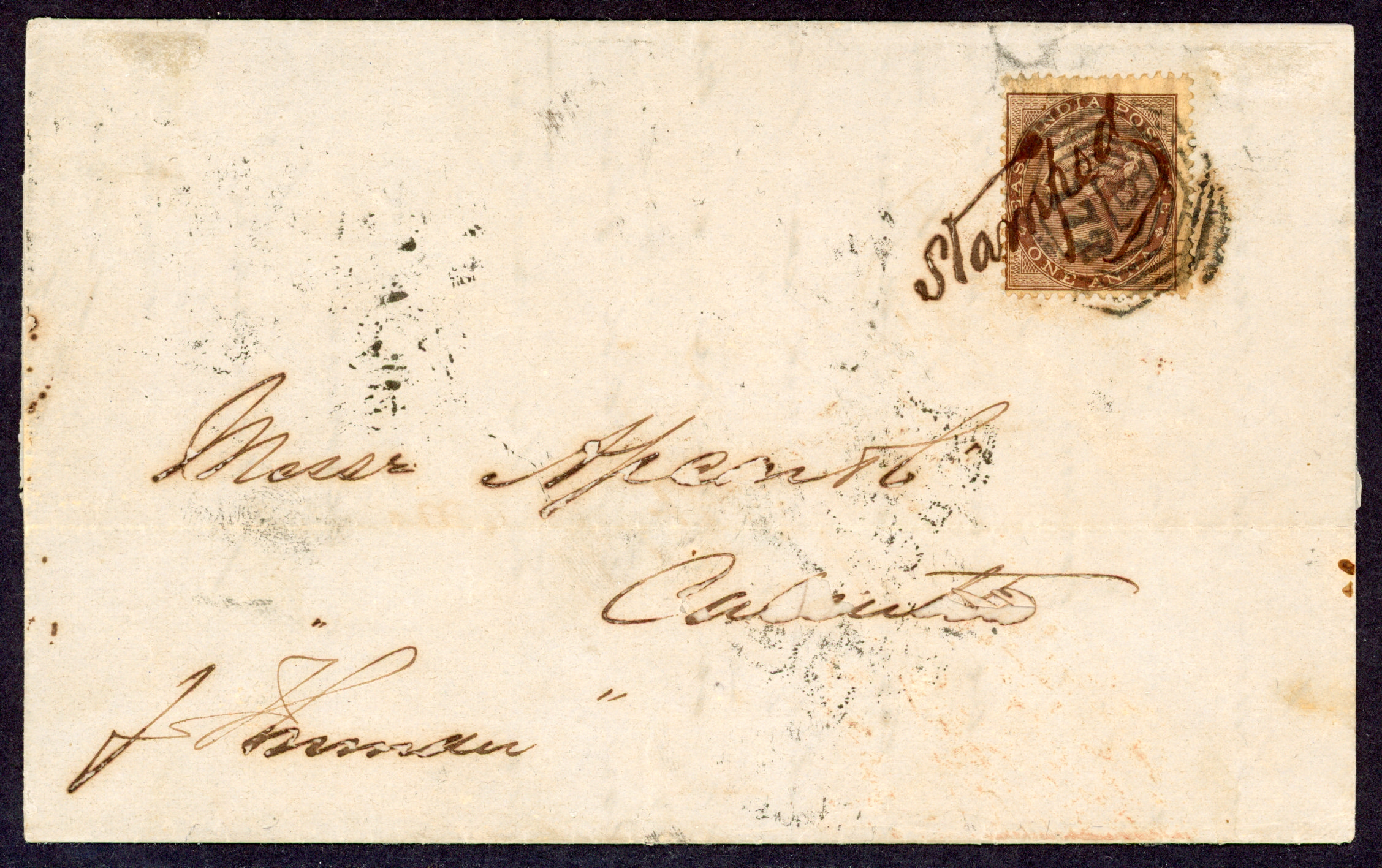 Straits Settlements SG Z71 1864 entire from Singapore to Calcutta with India 1856-66 1a brown