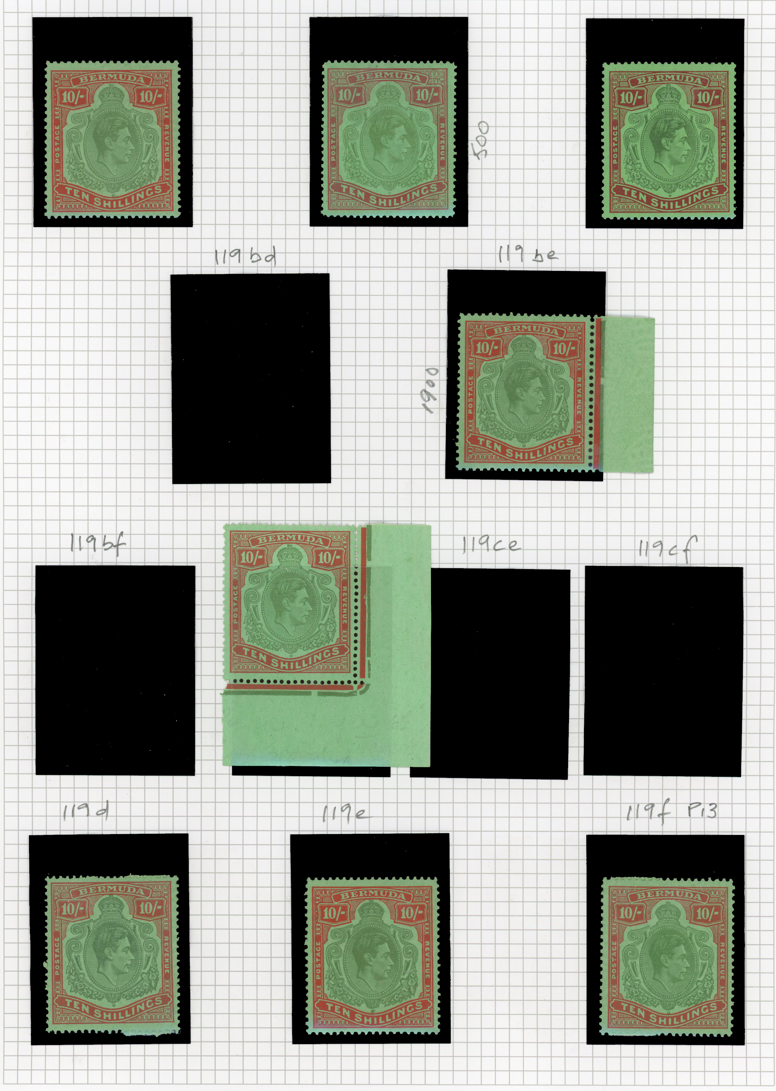 Bermuda SG 119a/21e 1938-53 10s, 12s6d, £1 mint and used selection