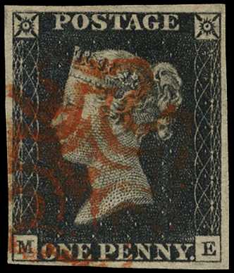 1840 1d black Plate 2 (ME), four close to...