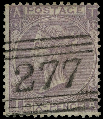 1865 6d Lilac Pl.5. Very fine used example lettered TA showing watermark variety W20a ‘Three roses and a shamrock’, neat…