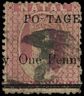 1879 1d on 6d rose used with smudged '2' numeral of Durban, R8/3 'S' of POSTAGE omitted.  SG 93e,...