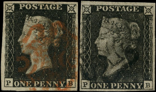 1840 1d Black Pl.5. State I & Grey-black State II (PB). 